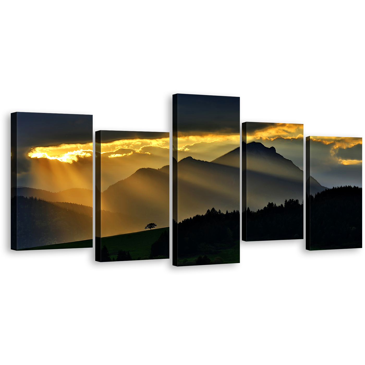 Sunrays Scenery Canvas Wall Art, Magical Yellow Sunset 5 Piece Canvas Set, Beautiful Black Mountain Landscape Canvas Print