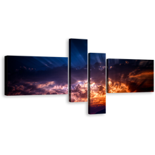 Load image into Gallery viewer, Sunset Abstract Canvas Print, Blue Orange Cloudy Sky 4 Piece Canvas, Abstract Sunbeams Sky Canvas Wall Art
