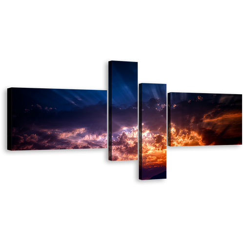 Sunset Abstract Canvas Print, Blue Orange Cloudy Sky 4 Piece Canvas, Abstract Sunbeams Sky Canvas Wall Art