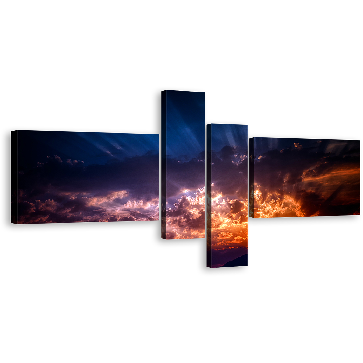 Sunset Abstract Canvas Print, Blue Orange Cloudy Sky 4 Piece Canvas, Abstract Sunbeams Sky Canvas Wall Art