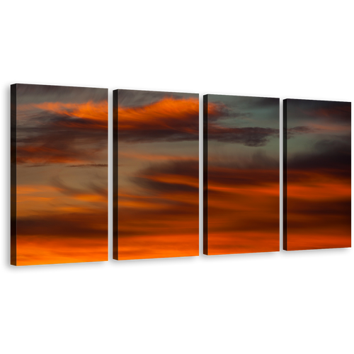 Sunset Abstract Canvas Print, Red Orange Layered Clouds & Warm Hues 4 Piece Canvas Wall Art