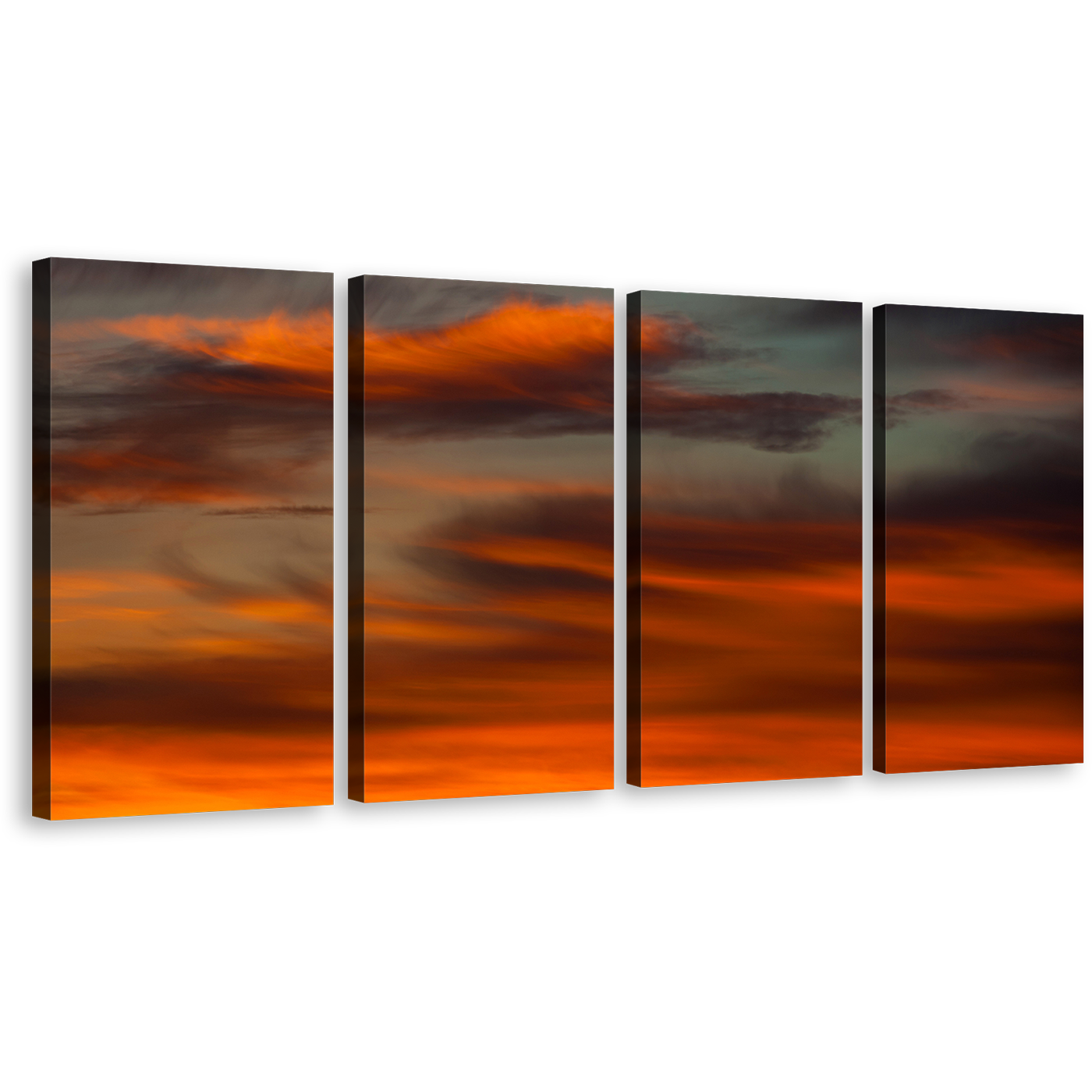 Sunset Abstract Canvas Print, Red Orange Layered Clouds & Warm Hues 4 Piece Canvas Wall Art