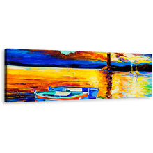 Load image into Gallery viewer, Sunset Boat Wall Art, Yellow Orange Ocean Seascape Canvas Print, Blue Boat Ship Panoramic Canvas Art
