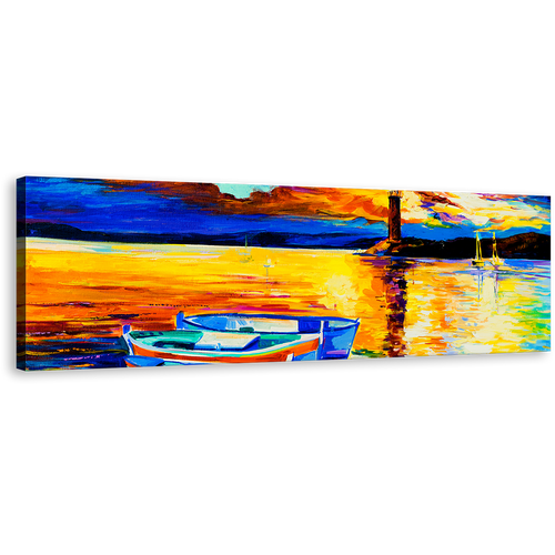 Sunset Boat Wall Art, Yellow Orange Ocean Seascape Canvas Print, Blue Boat Ship Panoramic Canvas Art