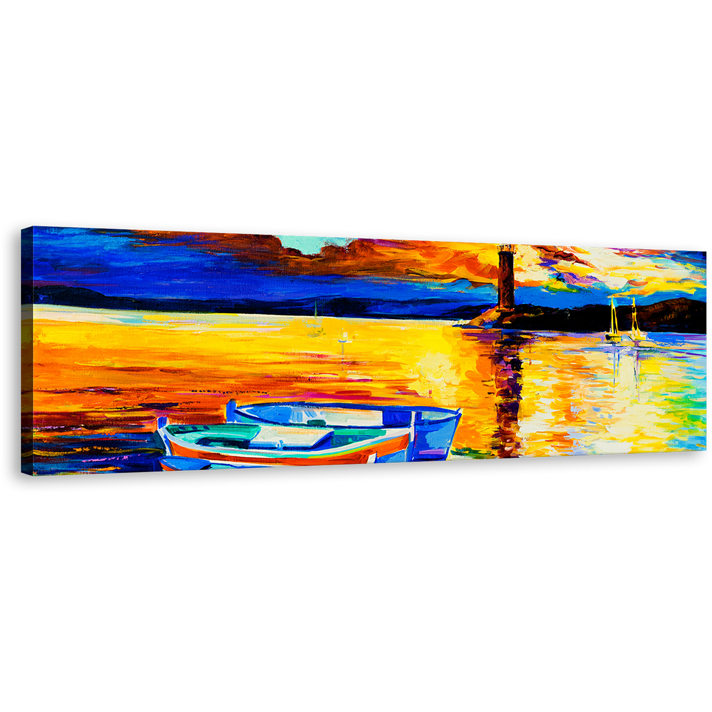 Sunset Boat Wall Art, Yellow Orange Ocean Seascape Canvas Print, Blue Boat Ship Panoramic Canvas Art