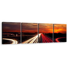 Load image into Gallery viewer, Sunset City Wall Art, Orange Sky City Moving Car Canvas Multi-panel Print, Red Light Trails 4 Piece Canvas Set
