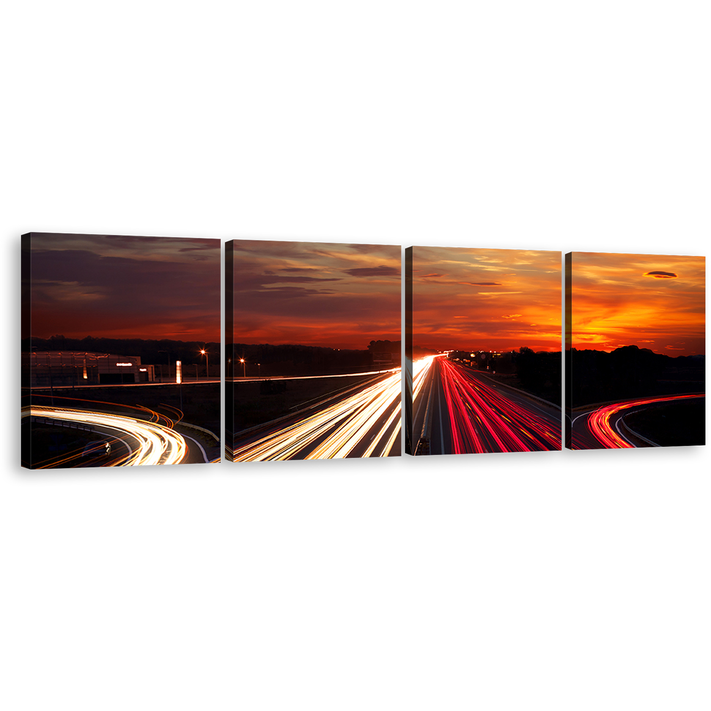 Sunset City Wall Art, Orange Sky City Moving Car Canvas Multi-panel Print, Red Light Trails 4 Piece Canvas Set