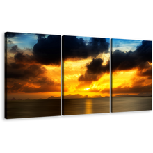 Load image into Gallery viewer, Sunset Clouds Canvas Wall Art, Grey Seascape Sunset Reflection Triptych Multi Canvas, Yellow Ocean Sky 3 Piece Canvas Print
