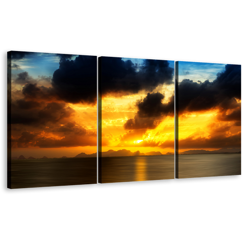 Sunset Clouds Canvas Wall Art, Grey Seascape Sunset Reflection Triptych Multi Canvas, Yellow Ocean Sky 3 Piece Canvas Print