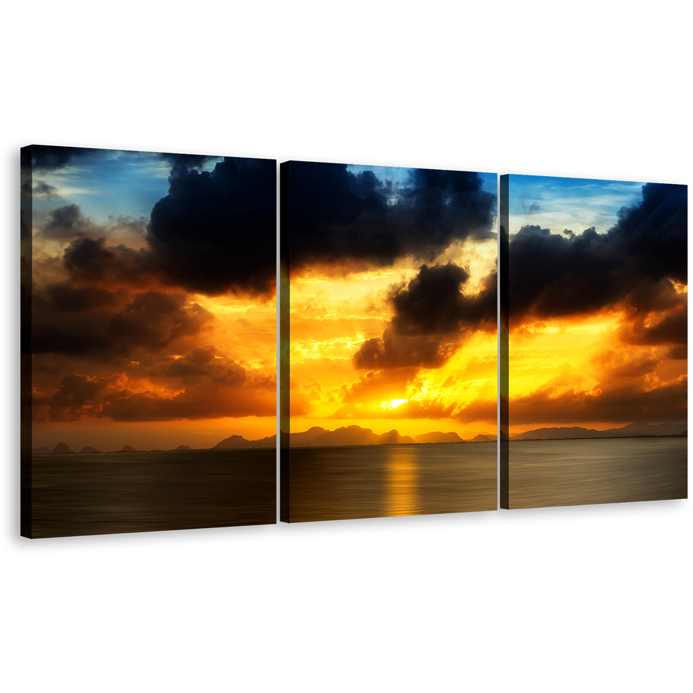 Sunset Clouds Canvas Wall Art, Grey Seascape Sunset Reflection Triptych Multi Canvas, Yellow Ocean Sky 3 Piece Canvas Print