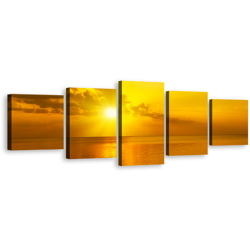 Sunset Clouds Canvas Wall Art, Orange Seascape Sunset Reflection Multi Canvas Artwork, Yellow Ocean Sky 5 Piece Canvas Print