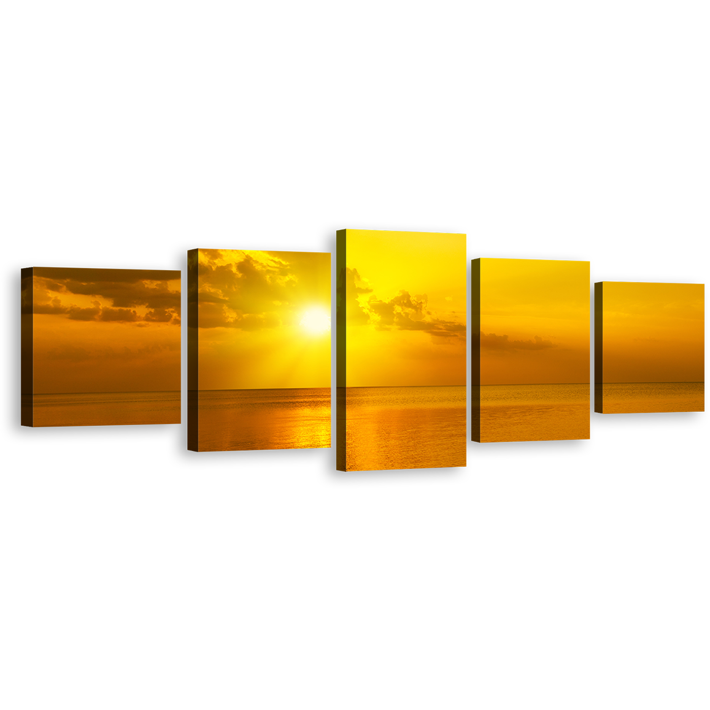 Sunset Clouds Canvas Wall Art, Orange Seascape Sunset Reflection Multi Canvas Artwork, Yellow Ocean Sky 5 Piece Canvas Print