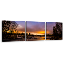 Load image into Gallery viewer, Sunset Lake Wall Art, Dramatic Blue Starry Sky Landscape Canvas Set, Beautiful Orange Sky River 3 Piece Canvas Print
