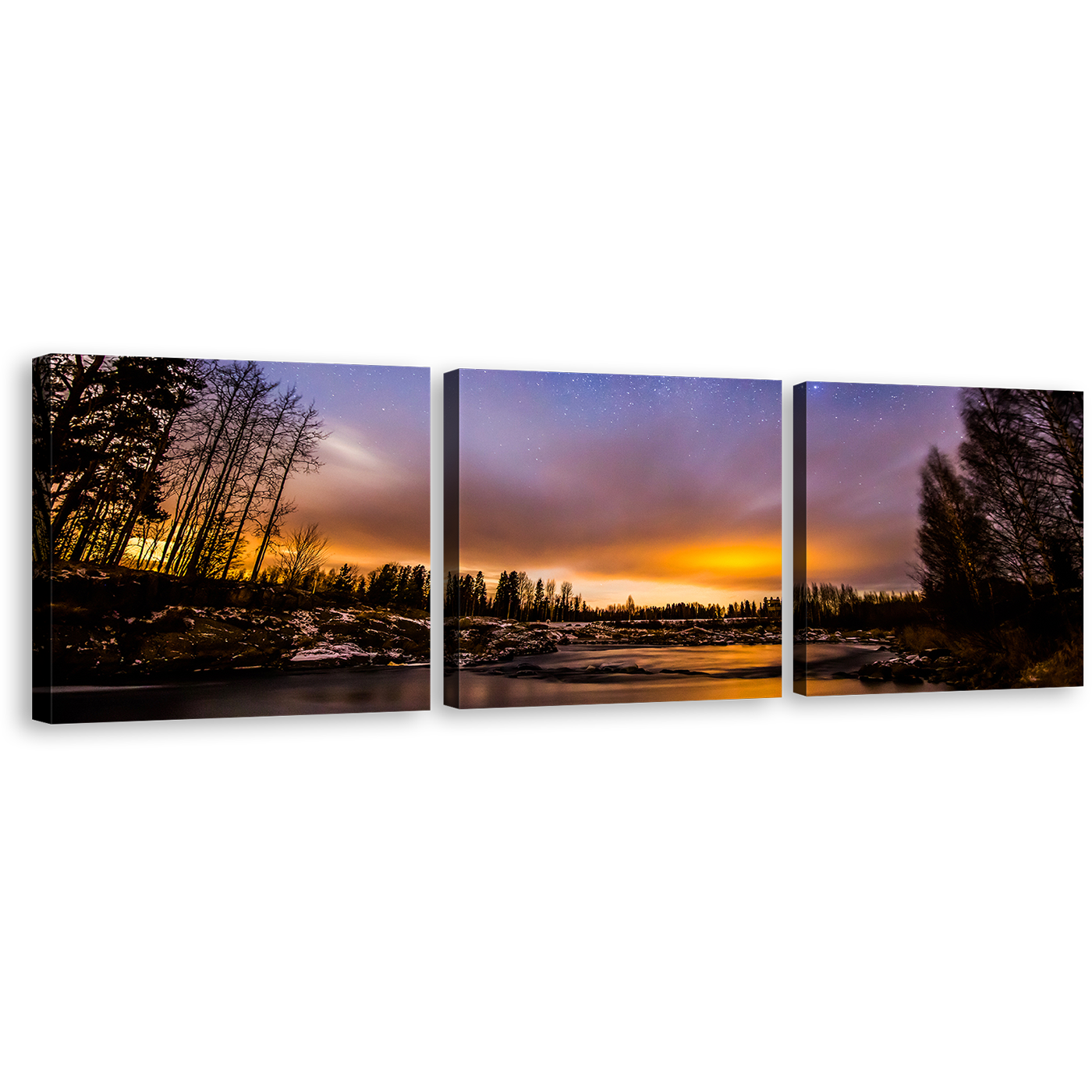 Sunset Lake Wall Art, Dramatic Blue Starry Sky Landscape Canvas Set, Beautiful Orange Sky River 3 Piece Canvas Print