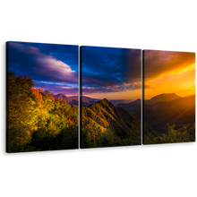 Load image into Gallery viewer, Sunset Landscape Canvas Print, Sequoia National Park 3 Piece Multi Canvas, Blue Orange Sky Mountains Wall Art
