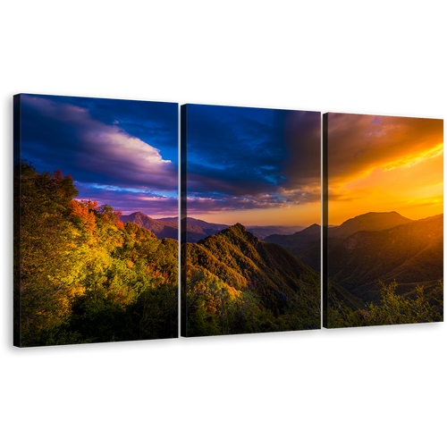 Sunset Landscape Canvas Print, Sequoia National Park 3 Piece Multi Canvas, Blue Orange Sky Mountains Wall Art