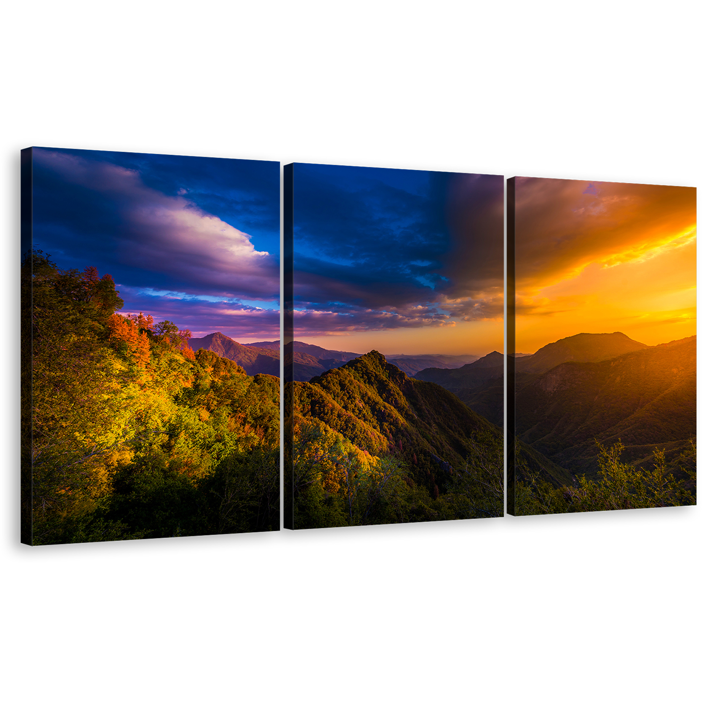 Sunset Landscape Canvas Print, Sequoia National Park 3 Piece Multi Canvas, Blue Orange Sky Mountains Wall Art