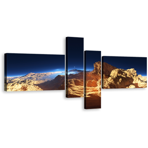 Sunset Landscape Canvas Wall Art, Brilliant Orange Mountains Canvas Print, 3D Fantasy Blue Sky 4 Piece Canvas Set