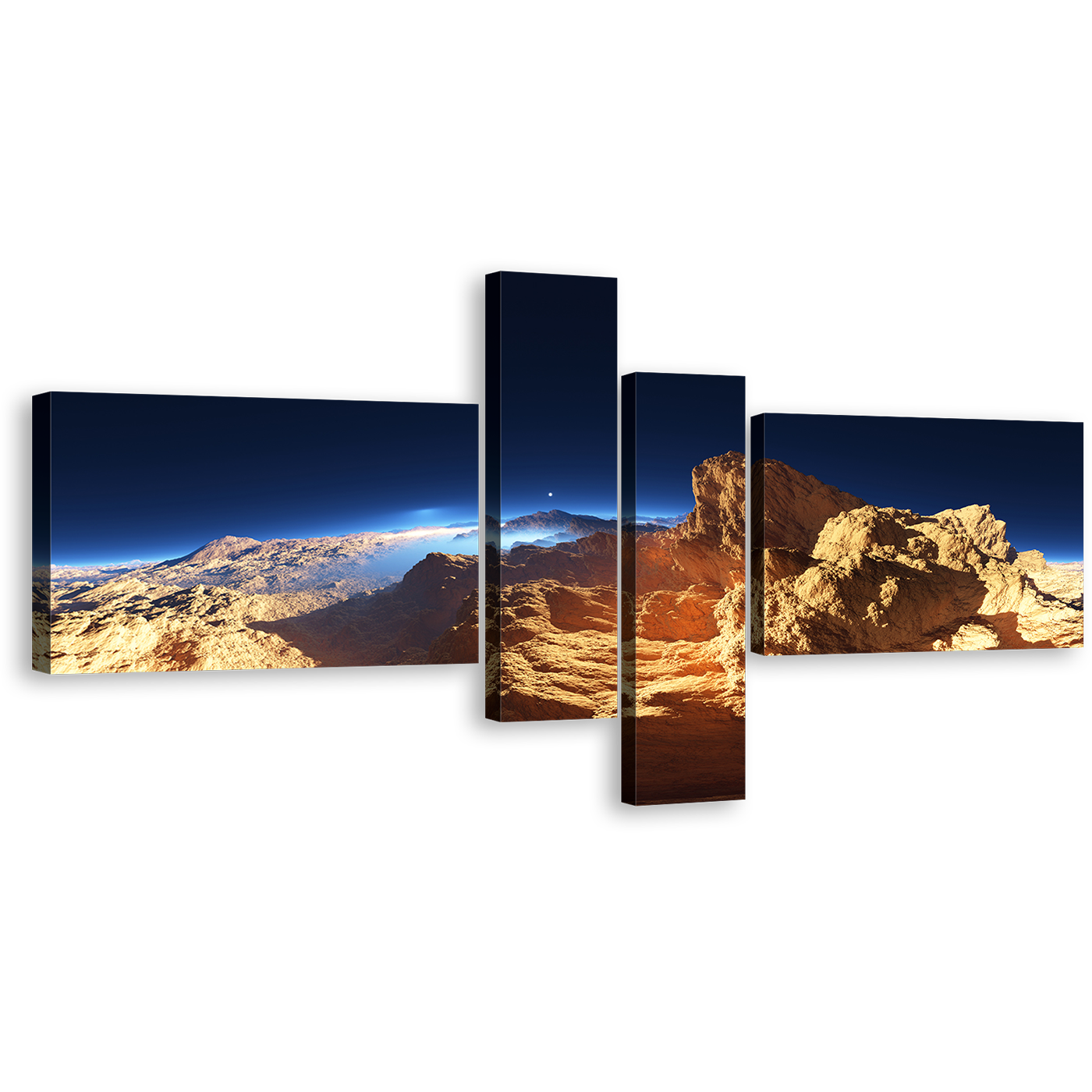 Sunset Landscape Canvas Wall Art, Brilliant Orange Mountains Canvas Print, 3D Fantasy Blue Sky 4 Piece Canvas Set