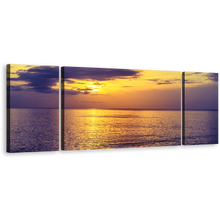 Load image into Gallery viewer, Sunset Ocean Canvas Print, Blue Clouds Ocean Triptych Multi Canvas Artwork, Yellow Sky Calm Sea 3 Piece Canvas Wall Art
