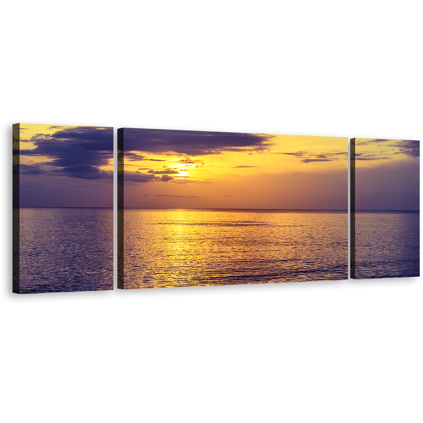 Sunset Ocean Canvas Print, Blue Clouds Ocean Triptych Multi Canvas Artwork, Yellow Sky Calm Sea 3 Piece Canvas Wall Art