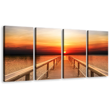 Load image into Gallery viewer, Sunset Ocean Canvas Wall Art, Pier Seascape at Epic Sunset Canvas Print, Orange Yellow Sky Wooden Pier 4 Piece Canvas
