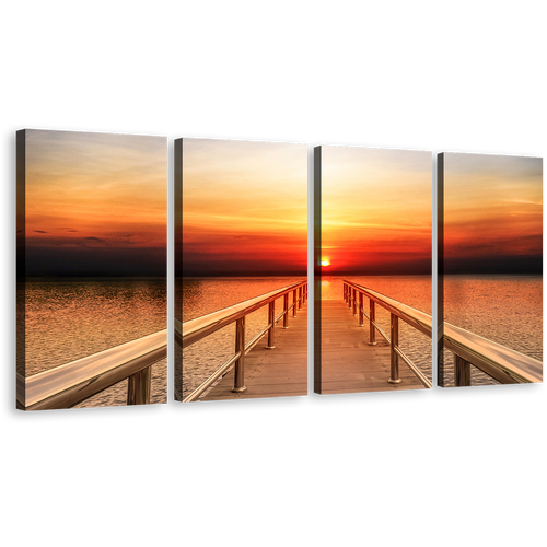 Sunset Ocean Canvas Wall Art, Pier Seascape at Epic Sunset Canvas Print, Orange Yellow Sky Wooden Pier 4 Piece Canvas