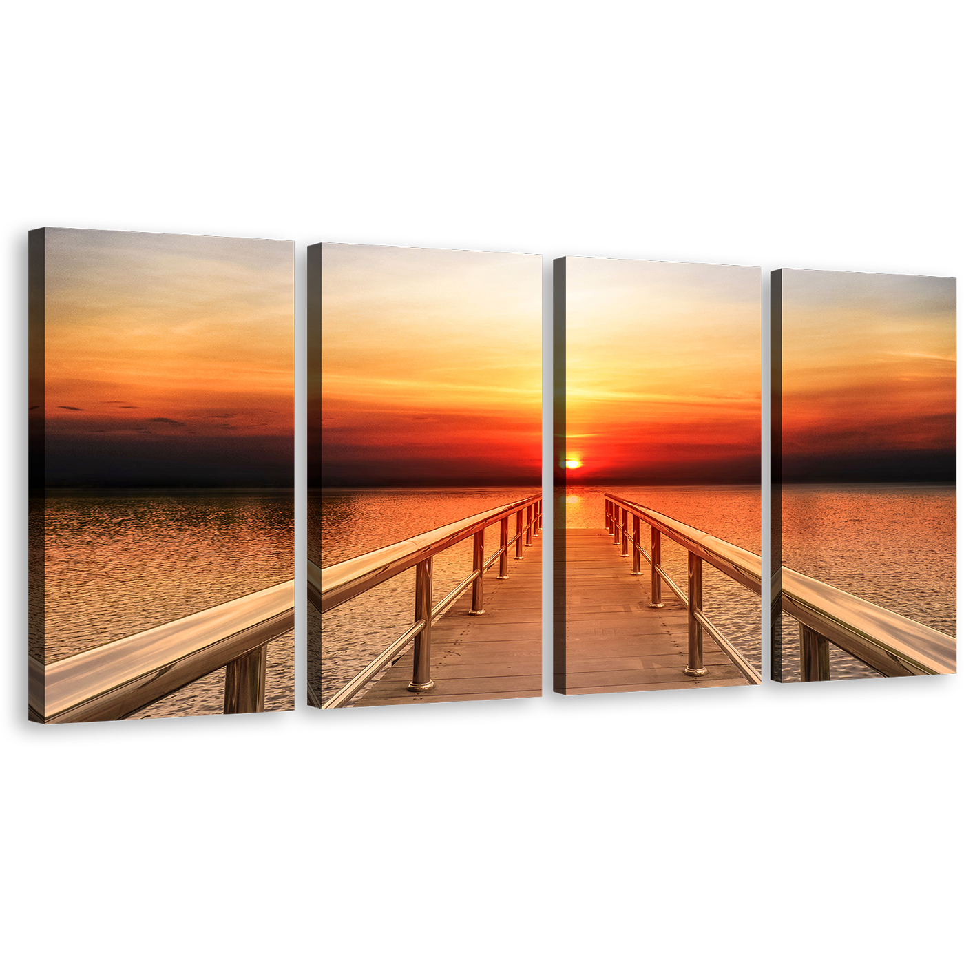 Sunset Ocean Canvas Wall Art, Pier Seascape at Epic Sunset Canvas Print, Orange Yellow Sky Wooden Pier 4 Piece Canvas