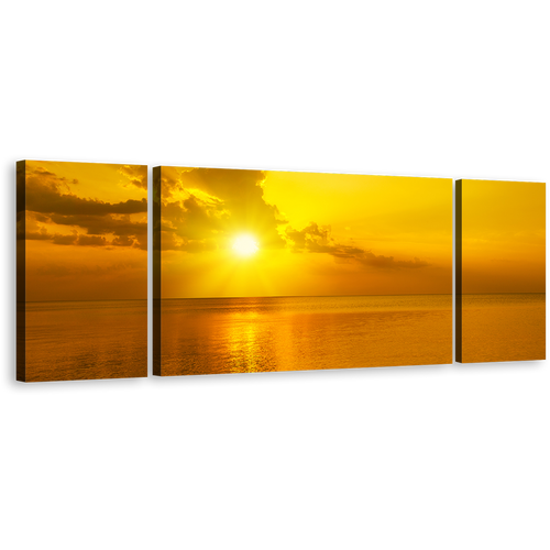 Sunset Reflection Canvas Print, Orange Seascape Sunset Clouds Lake 3 Piece Canvas Print, Yellow Ocean Sky Multiple Canvas