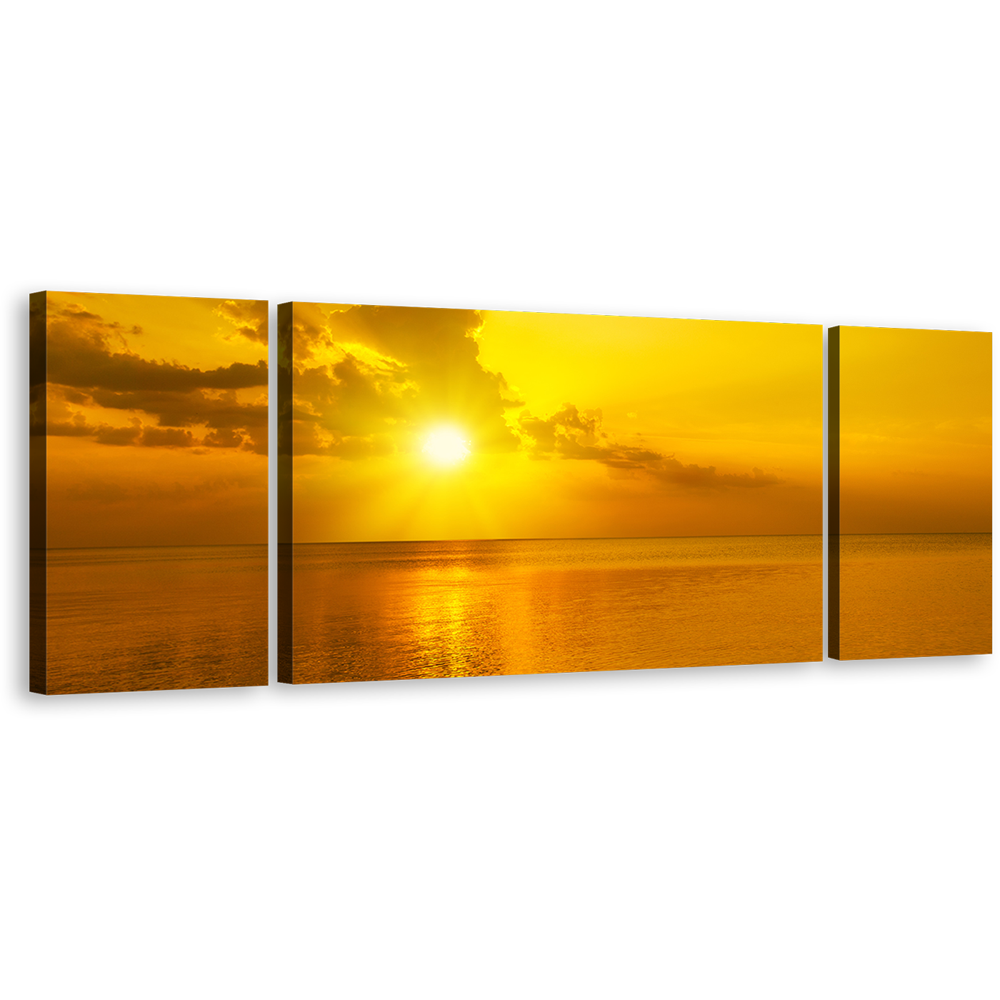 Sunset Reflection Canvas Print, Orange Seascape Sunset Clouds Lake 3 Piece Canvas Print, Yellow Ocean Sky Multiple Canvas