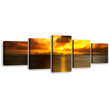 Load image into Gallery viewer, Sunset Reflection Canvas Wall Art, Grey Seascape Sunset Clouds Lake 5 Piece Canvas Print, Yellow Ocean Sky Multi Canvas Artwork
