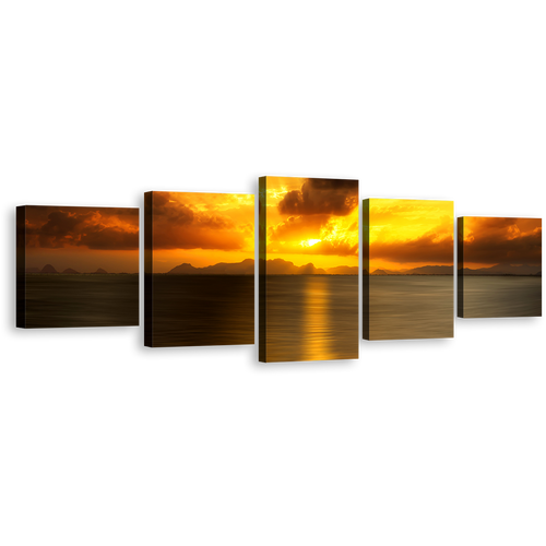 Sunset Reflection Canvas Wall Art, Grey Seascape Sunset Clouds Lake 5 Piece Canvas Print, Yellow Ocean Sky Multi Canvas Artwork