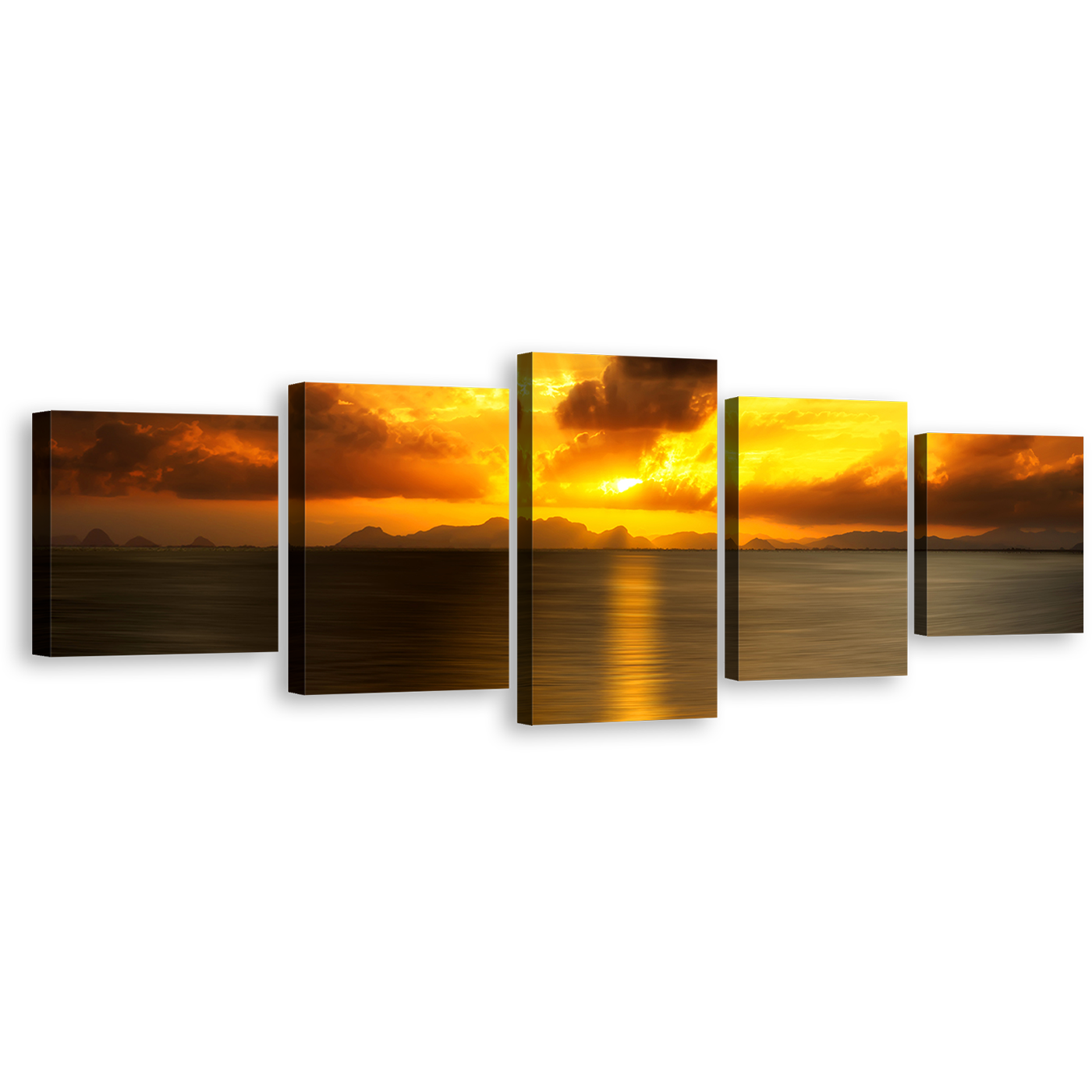 Sunset Reflection Canvas Wall Art, Grey Seascape Sunset Clouds Lake 5 Piece Canvas Print, Yellow Ocean Sky Multi Canvas Artwork