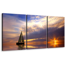 Load image into Gallery viewer, Sunset Sailboat Canvas Print, Sailing Boat at Dramatic Blue Sky Triptych Multi Canvas, Beautiful Orange Ocean Wall Art
