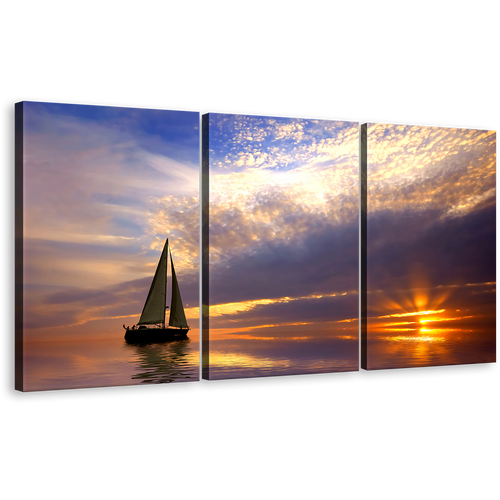 Sunset Sailboat Canvas Print, Sailing Boat at Dramatic Blue Sky Triptych Multi Canvas, Beautiful Orange Ocean Wall Art