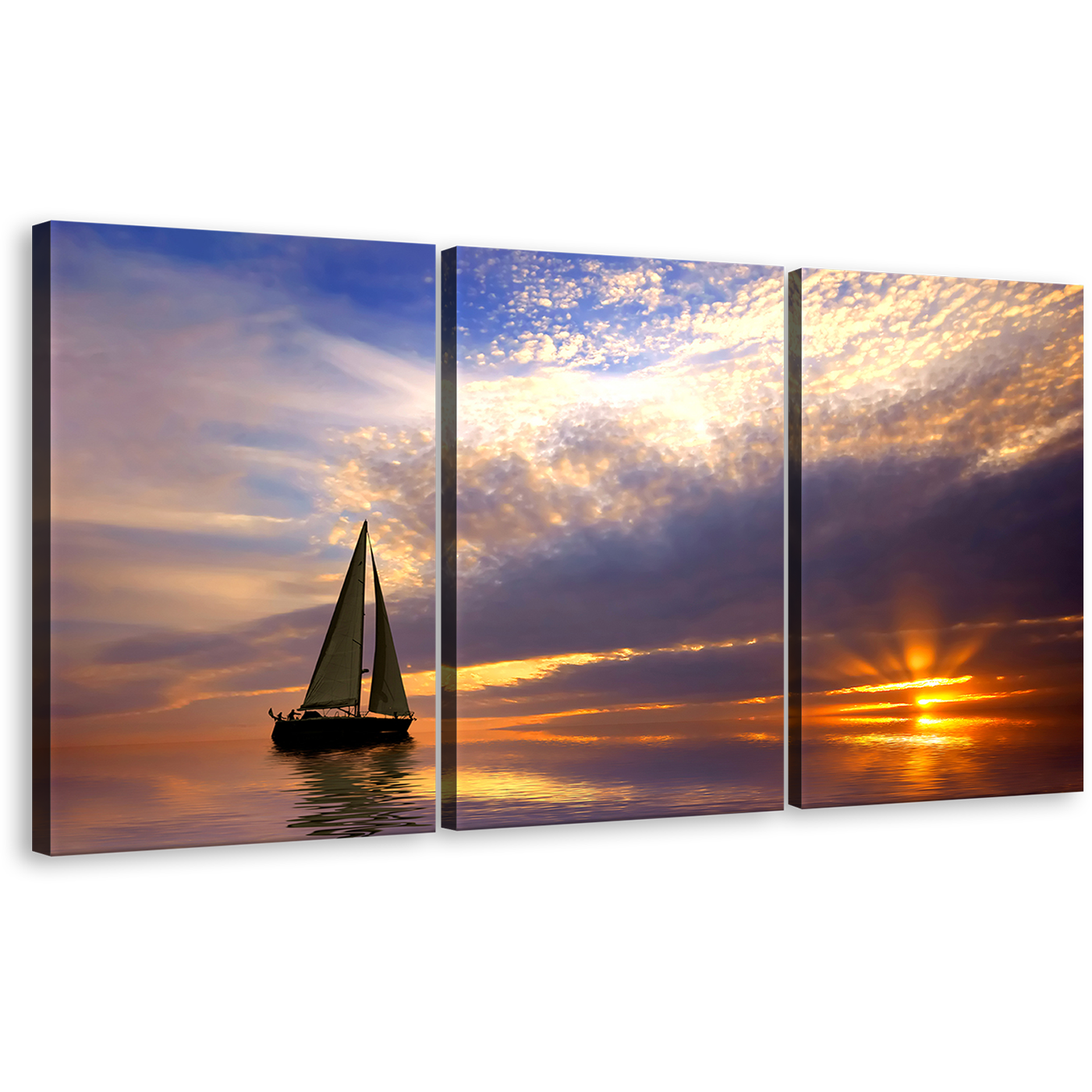 Sunset Sailboat Canvas Print, Sailing Boat at Dramatic Blue Sky Triptych Multi Canvas, Beautiful Orange Ocean Wall Art