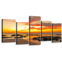 Load image into Gallery viewer, Sunset Sea Canvas Print, Yellow Ocean Rocks 5 Piece Multi Canvas, Orange Cloudy Sky Beach Wall Art
