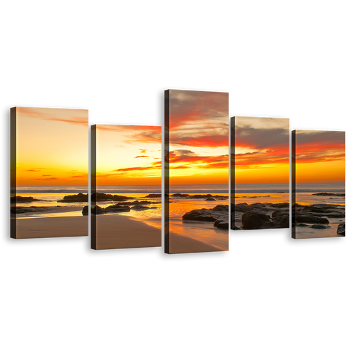 Sunset Sea Canvas Print, Yellow Ocean Rocks 5 Piece Multi Canvas, Orange Cloudy Sky Beach Wall Art