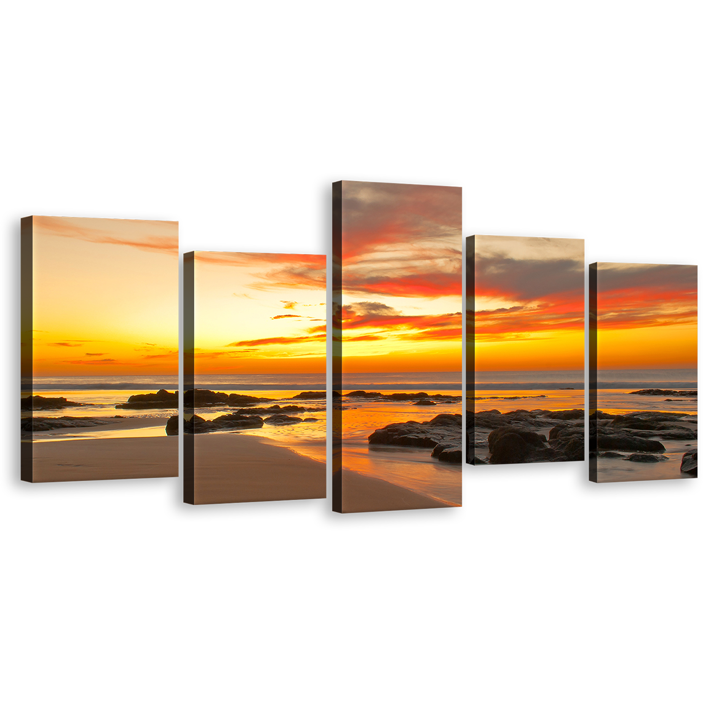 Sunset Sea Canvas Print, Yellow Ocean Rocks 5 Piece Multi Canvas, Orange Cloudy Sky Beach Wall Art