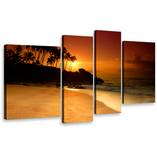 Sunset Serenade Wall Art, Orange Sky Sri Lanka Coconut Palms Canvas Set, Tropical Seascape Ocean Beach 4 Piece Canvas Print