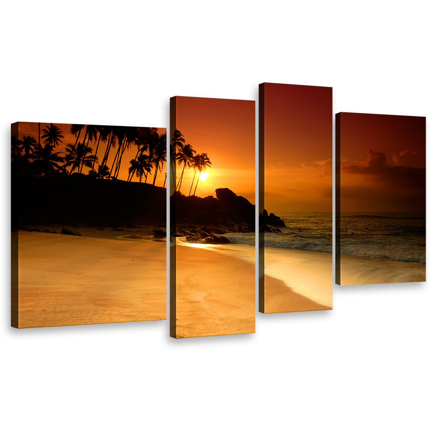 Sunset Serenade Wall Art, Orange Sky Sri Lanka Coconut Palms Canvas Set, Tropical Seascape Ocean Beach 4 Piece Canvas Print