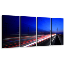 Load image into Gallery viewer, Sunset Sky Canvas Print, Blue Sky Highway Lights Streaks 4 Piece Wall Art, Red White Light Trails Multi Canvas
