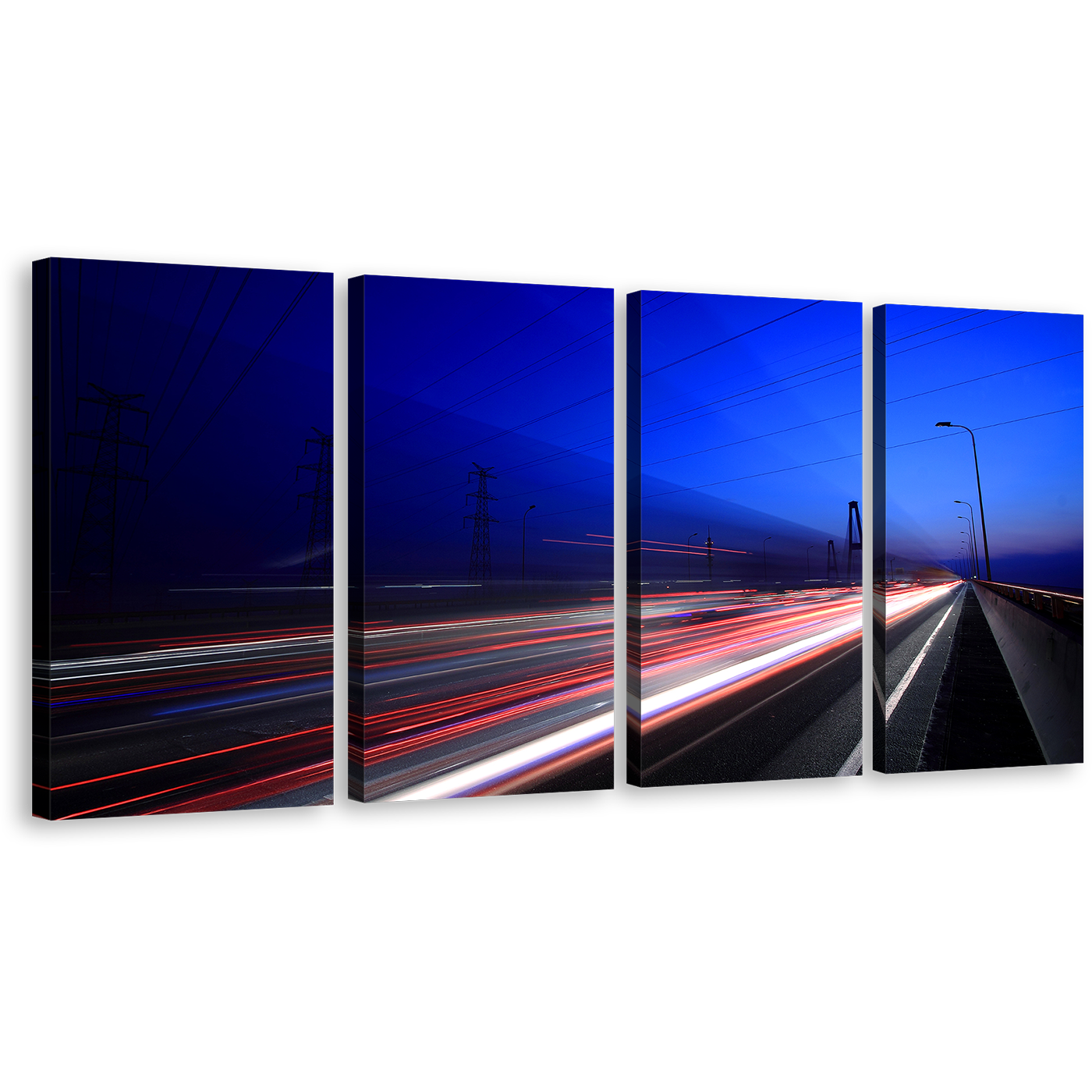 Sunset Sky Canvas Print, Blue Sky Highway Lights Streaks 4 Piece Wall Art, Red White Light Trails Multi Canvas