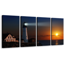 Load image into Gallery viewer, Sunset Sky Canvas Print, White Lighthouse Beam Canvas Set, Orange Portland City 4 Piece Canvas Wall Art, Lighthouse Cliff Houses Multiple Canvas
