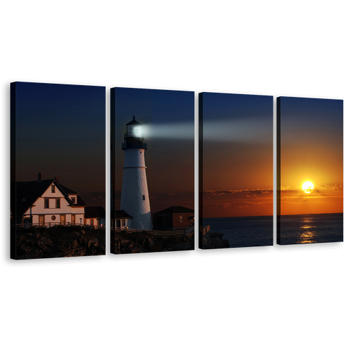 Sunset Sky Canvas Print, White Lighthouse Beam Canvas Set, Orange Portland City 4 Piece Canvas Wall Art, Lighthouse Cliff Houses Multiple Canvas