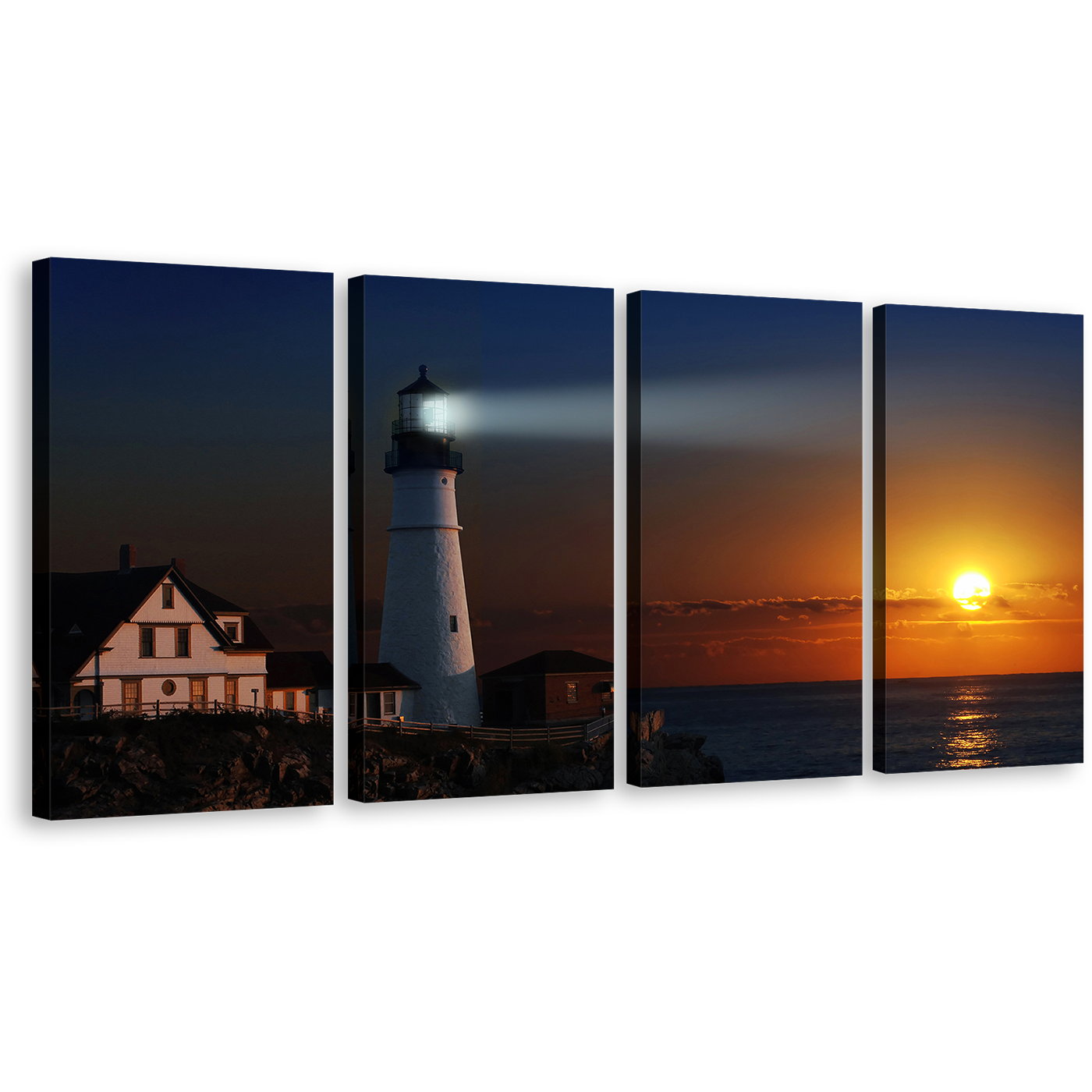 Sunset Sky Canvas Print, White Lighthouse Beam Canvas Set, Orange Portland City 4 Piece Canvas Wall Art, Lighthouse Cliff Houses Multiple Canvas