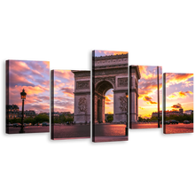 Load image into Gallery viewer, Sunset Sky Canvas Wall Art, Arc de Triomphe Canvas Set, Beautiful Yellow Purple Sky Canvas Print, Place de l&#39;Etoile Paris 5 Piece Canvas
