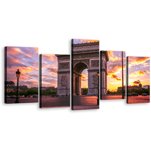 Sunset Sky Canvas Wall Art, Arc de Triomphe Canvas Set, Beautiful Yellow Purple Sky Canvas Print, Place de l'Etoile Paris 5 Piece Canvas