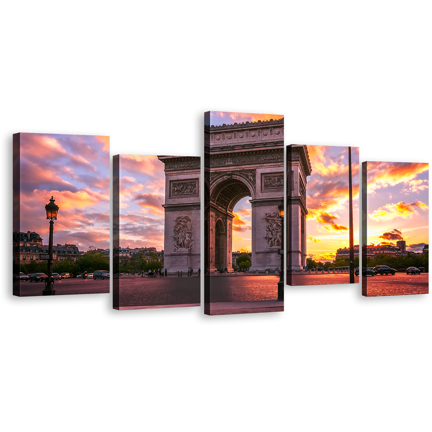 Sunset Sky Canvas Wall Art, Arc de Triomphe Canvas Set, Beautiful Yellow Purple Sky Canvas Print, Place de l'Etoile Paris 5 Piece Canvas