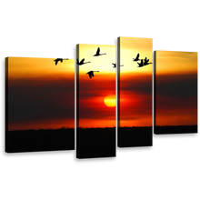 Load image into Gallery viewer, Sunset Sky Canvas Wall Art, Flying Birds Silhouette Canvas Print, Orange Yellow Sky Birds Flock 4 Piece Multiple Canvas
